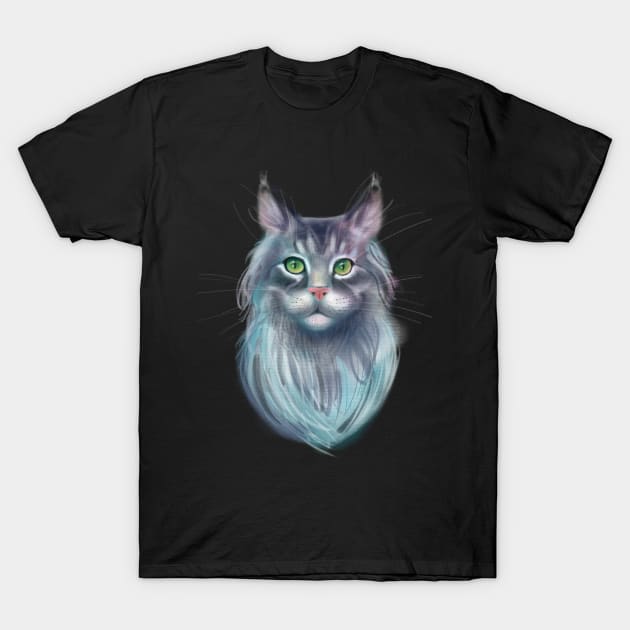 Grey Maine Coon Cat with Green Eyes T-Shirt by meridiem